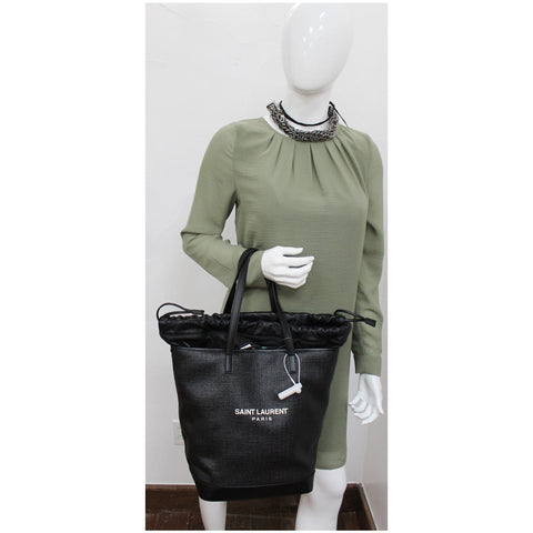 YVES SAINT LAURENT Teddy Canvas/Leather Drawstring Shopping Tote Black - Last Call