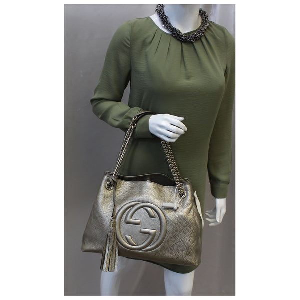 GUCCI Soho Pebbled Leather Chain Shoulder Bag 308982 Silver-US