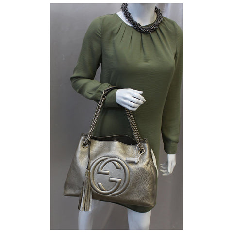 GUCCI Soho Pebbled Leather Chain Shoulder Bag 308982 Silver-US