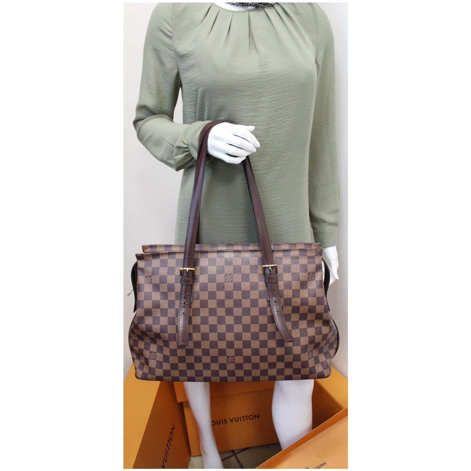 Louis Vuitton Chelsea Damier Ebene Shoulder Bag Leather Red Brown Tote  Purse LV