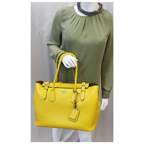 Prada Tote Bag Calfskin Buckle Tote Bag Yellow City  - with mannequin
