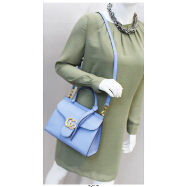 GUCCI GG Marmont Leather Top Handle Shoulder Bag Blue 442622-US