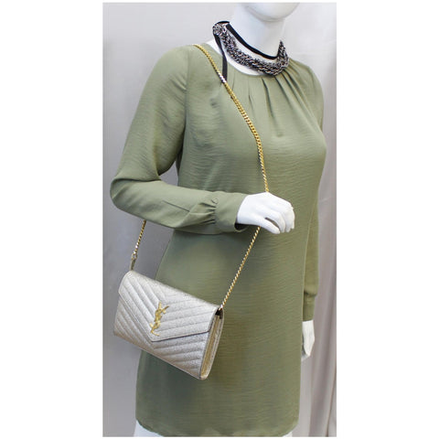 YVES SAINT LAURENT Chevron Leather Chain Wallet Shoulder Bag Silver