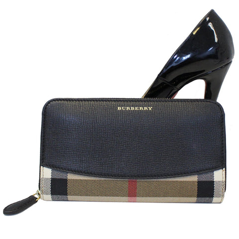 BURBERRY Haymarket Leather Canvas Continental Wallet Balck
