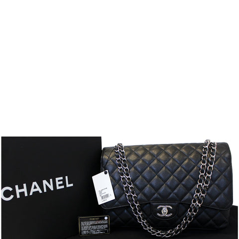 CHANEL Maxi Caviar Leather Jumbo Double Flap Shoulder Bag Black