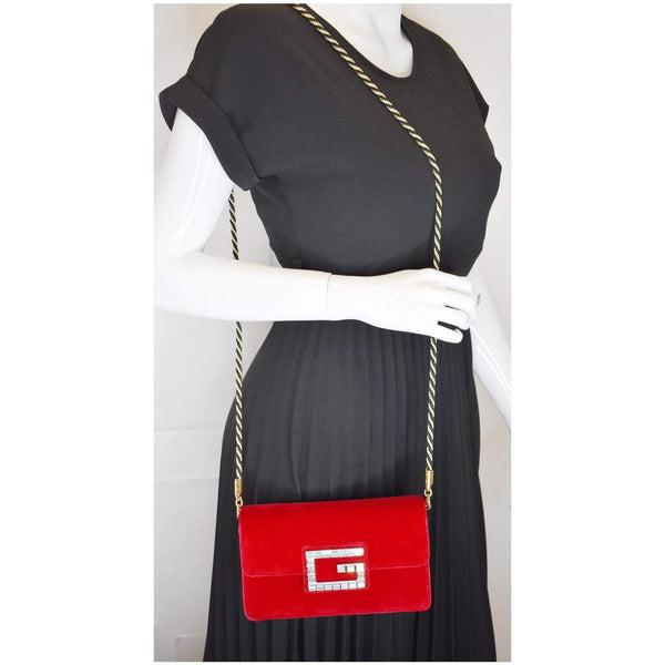 Gucci Broadway Mini Velvet Crossbody Bag - on shoulder wear