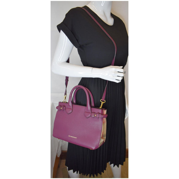 BURBERRY Small Banner Leather House Check Tote Shoulder Bag Burgundy