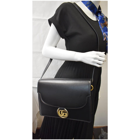 GUCCI Logo Plaque Leather Shoulder Bag Black 589471