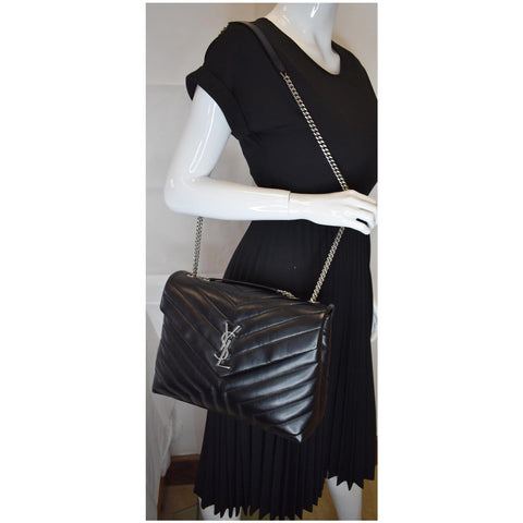YVES SAINT LAURENT Medium Loulou Calfskin Matelasse Chain Shoulder Bag Black