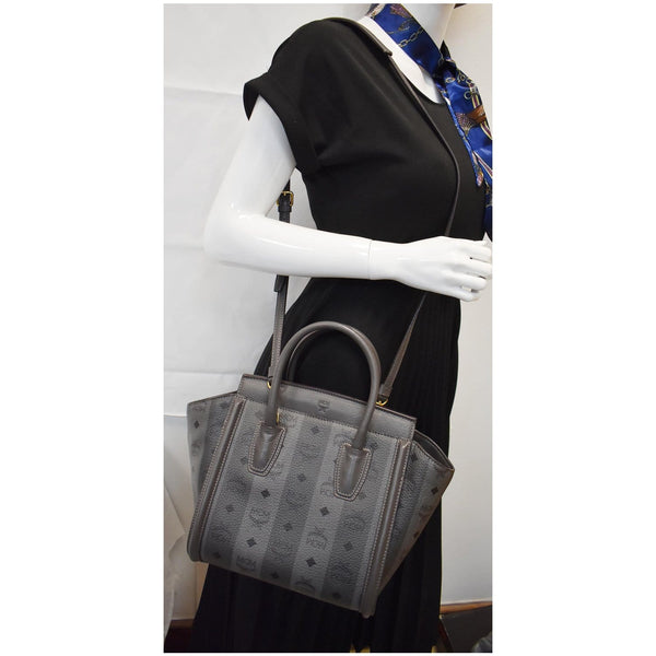 MCM Kathy Visetos Logo Printed Leather Tote Shoulder Bag Grey