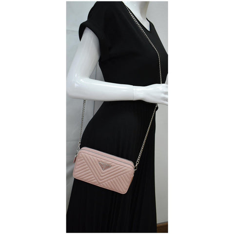 PRADA Nappa Mini Impunture Bandoliera Chain Leather Crossbody Bag Orchidea