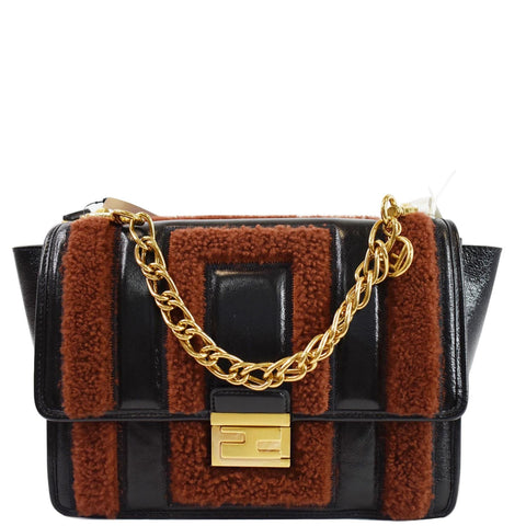 FENDI Kan U Medium Shearling Patent Leather Shoulder Bag Brown