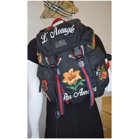 GUCCI Techno Embroidery Fabric Backpack Bag Black 478327