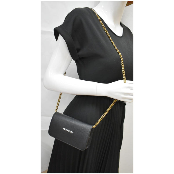 BALENCIAGA Logo Chain Leather Shoulder Bag Black