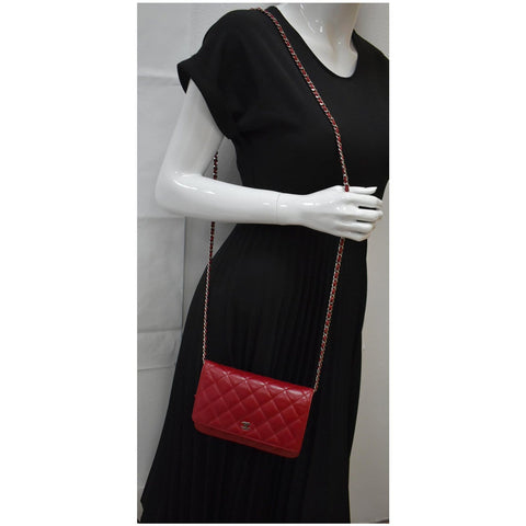 CHANEL CC WOC Leather Wallet On Chain Shoulder Bag Red