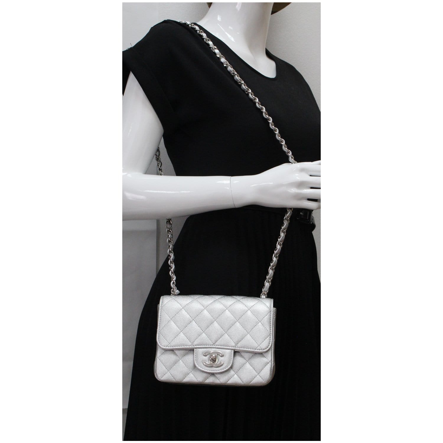 Mini Silver Flap Square Crossbody Bag With Metal Chain