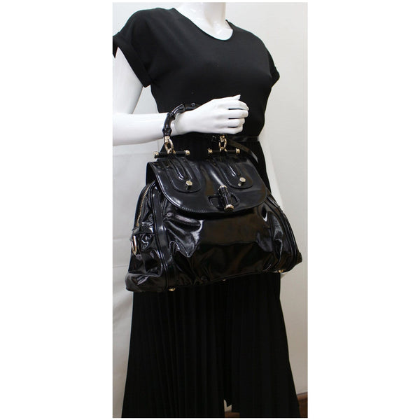 GUCCI Pop Bamboo Dialux Coated Canvas Top Handle Shoulder Bag Black 190256