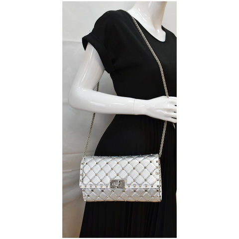 VALENTINO Rockstud Spike Nappa Leather Clutch Bag Metallic Silver