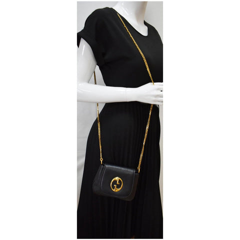 GUCCI Small 1973 Pebbled Leather Chain Crossbody Bag Black 251821
