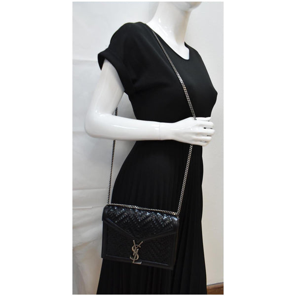 YVES SAINT LAURENT Cassandra Medium Woven Leather Chain Shoulder Bag Black