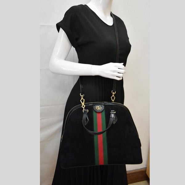 GUCCI Ophidia GG Suede Web Top Handle Crossbody Bag Black 524533