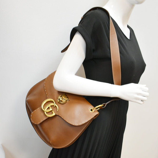 GUCCI GG Marmont Calfskin Leather Shoulder Bag Brown 409154