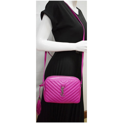 YVES SAINT LAURENT Lou Chevron Leather Camera Crossbody Bag Pink