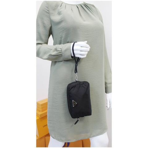 PRADA Logo Round Edge Nylon Cosmetic Wristlet Pouch Black 1NE021