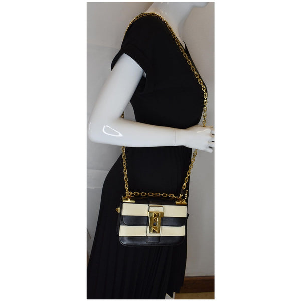 VALENTINO Striped B Rockstud Leather Shoulder Bag Ivory