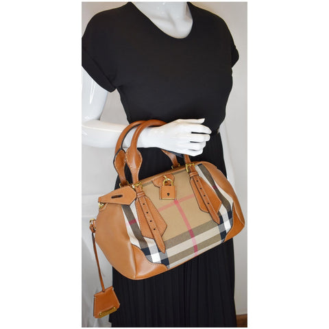 BURBERRY Blaze House Check and Leather Satchel Bag Brown