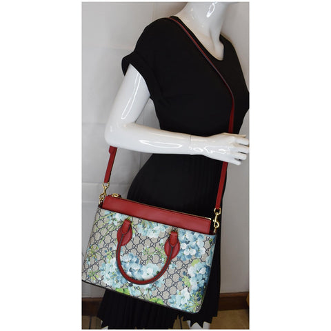GUCCI Blooms GG Floral Supreme Canvas Leather Satchel Bag Red 546316