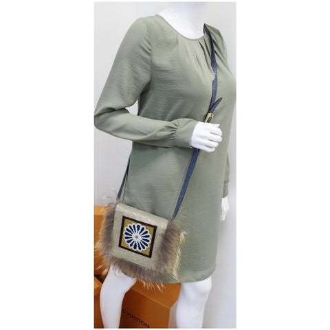 FENDI Daisy Beaded Snakeskin Fox Fur Trim Crossbody Clutch Bag Blue - Final Sale