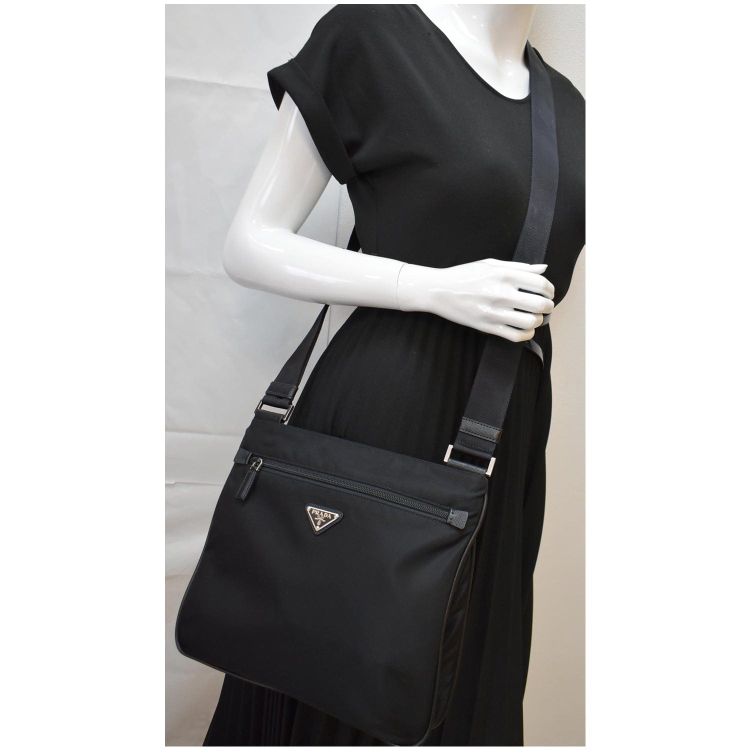 Black Re-nylon And Saffiano Leather Shoulder Bag