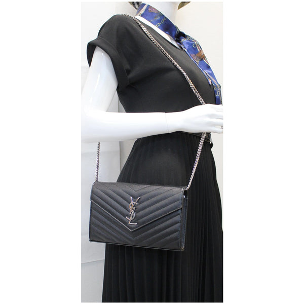 YVES SAINT LAURENT Envelope Leather Crossbody Chain Wallet Black