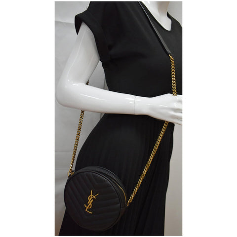 YVES SAINT LAURENT Vinyle Round Chevron Leather Crossbody Bag Black