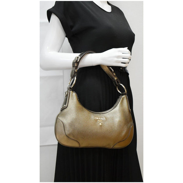 Prada Vitello Daino Leather Hobo Handbag Metallic Gold