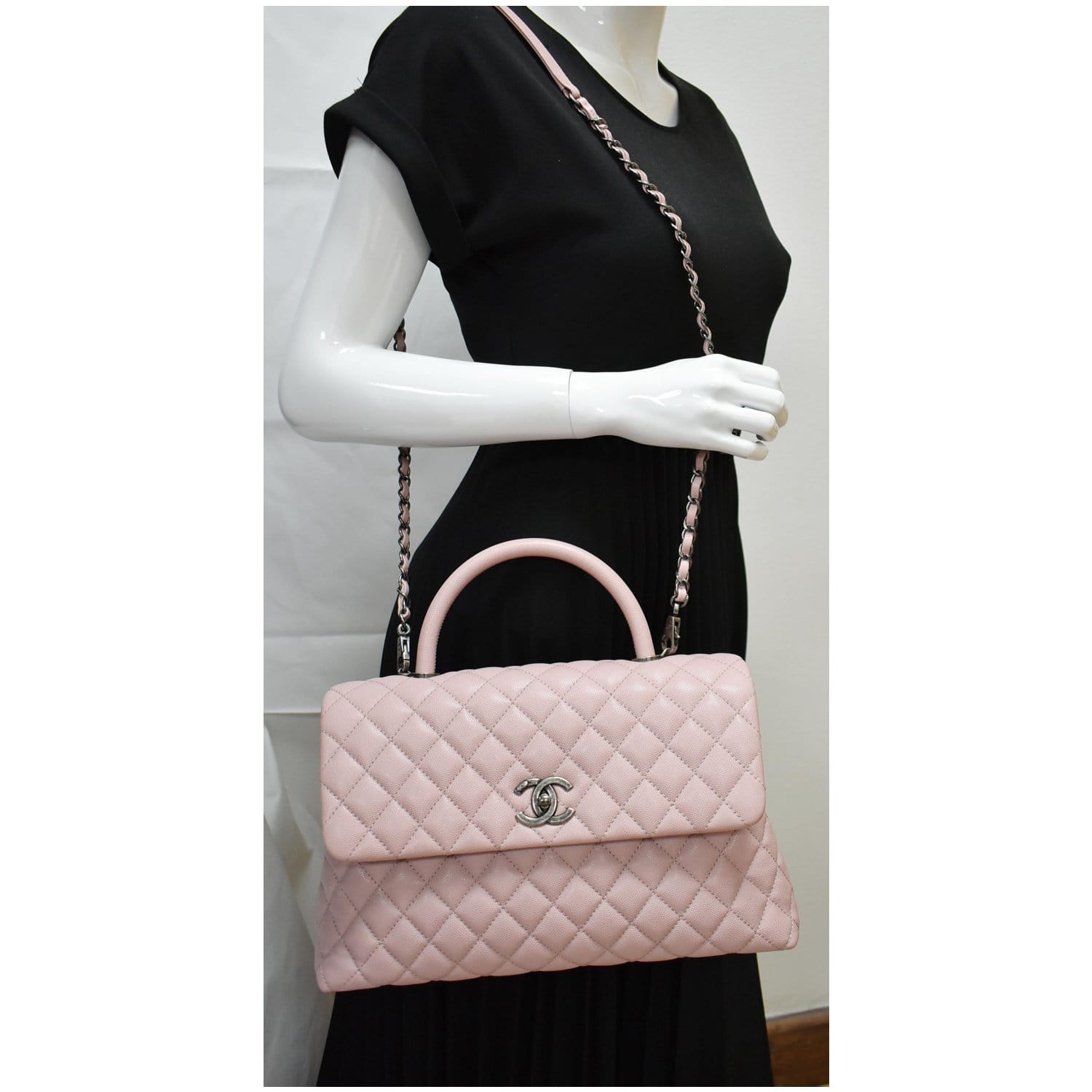 CHANEL Medium Coco Quilted Caviar Leather Top Handle Shoulder Bag Pink