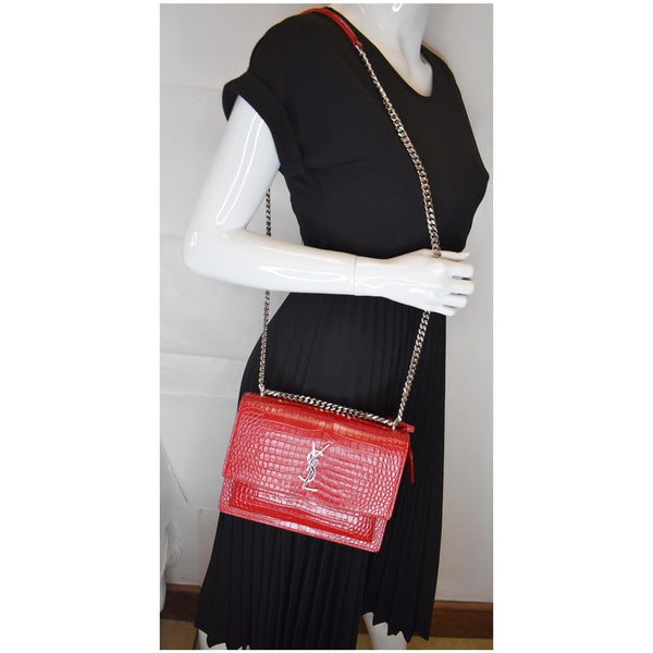 YVES SAINT LAURENT Sunset Medium Crocodile Leather Crossbody Bag Red