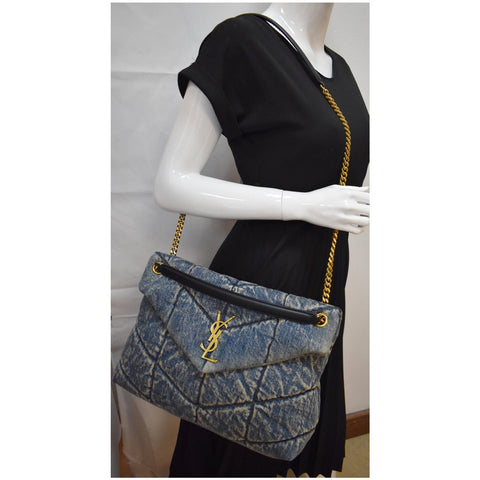 YVES SAINT LAURENT Vintage Puffer Medium Denim Canvas Shoulder Bag Blue