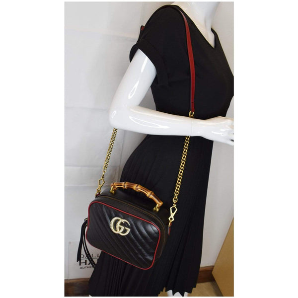GUCCI GG Marmont Small Bamboo Leather Shoulder Bag Black 602270