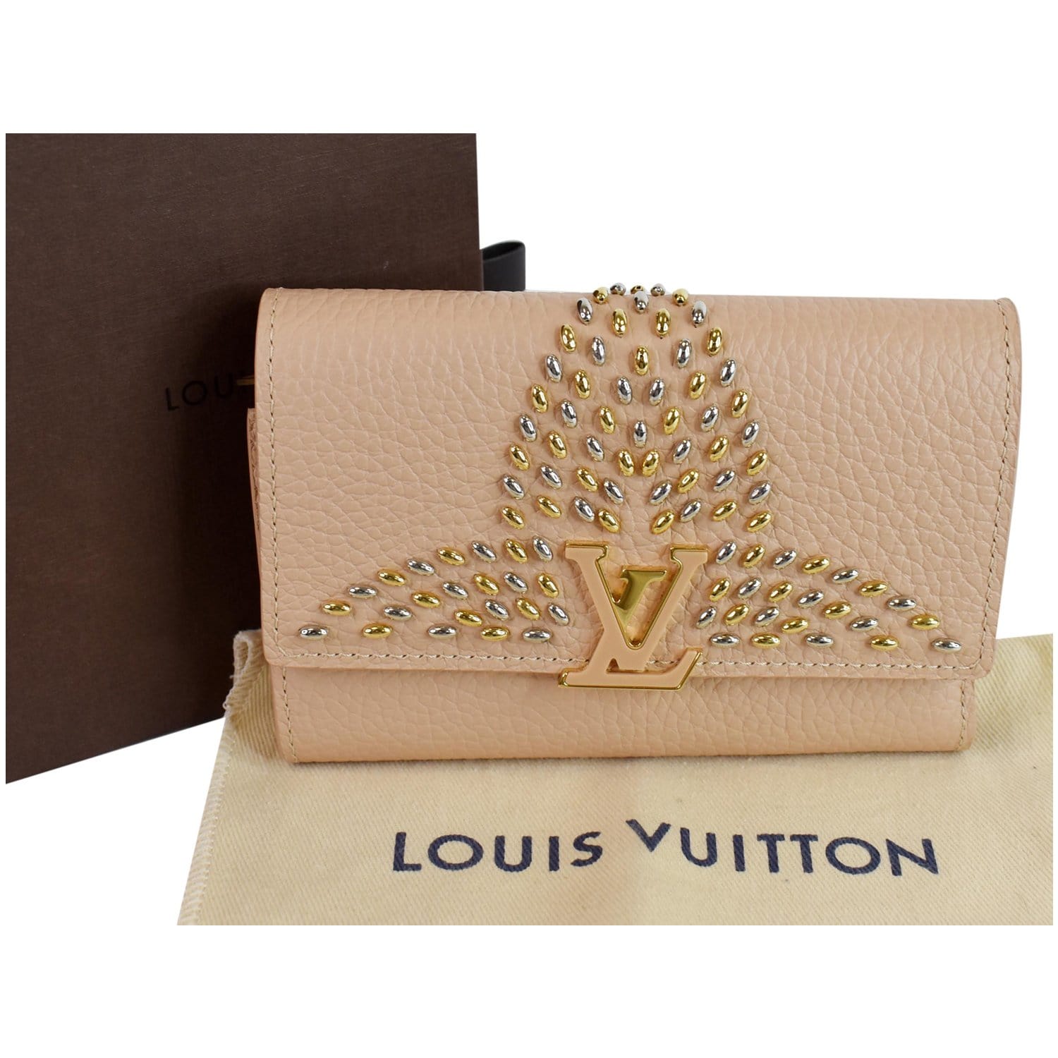 Louis Vuitton Capucines Studded Compact Leather Wallet Peach