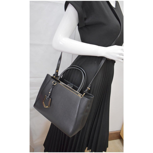 FENDI Petite 2Jours Vitello Leather Elite Tote Shoulder Bag Black