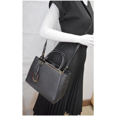 FENDI Petite 2Jours Vitello Leather Elite Tote Shoulder Bag Black