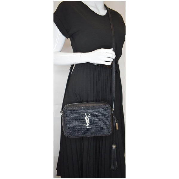 YVES SAINT LAURENT Lou Camera Raffia Canvas Crossbody Bag Black