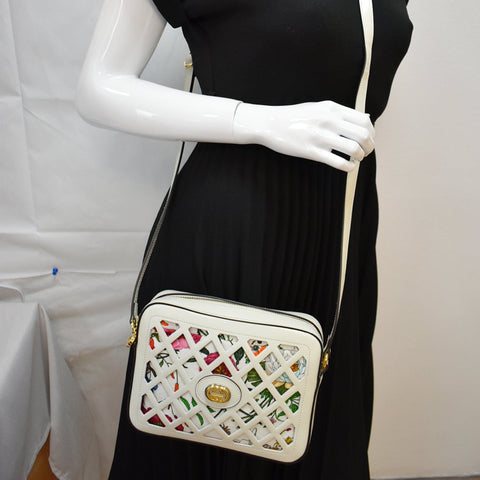 GUCCI Cutout Floral Canval Leather Shoulder Bag 550132 White