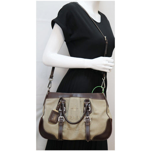 Used Prada Jacquard Logo Canvas Leather Tote Shoulder Bag