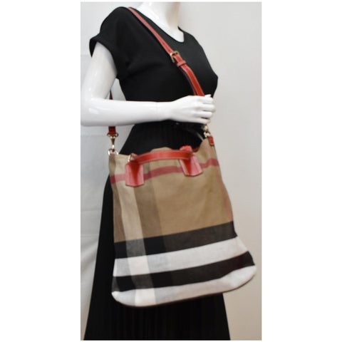 BURBERRY Susanna Medium Check Canvas Leather Bucket Shoulder Bag Red