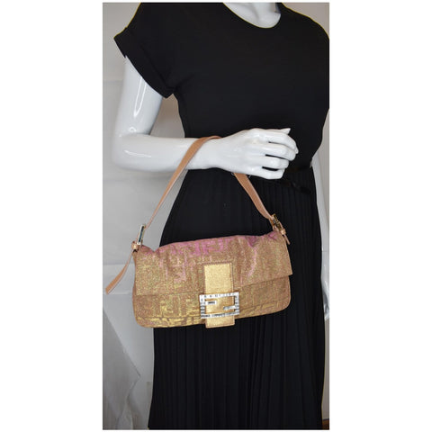 FENDI Glitter Zucca Canvas Magnetic Baguette Bag Metallic Pink