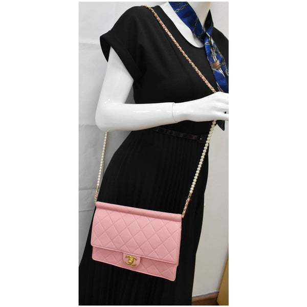 CHANEL Matelasse Costume Pearl Leather Shoulder Bag Pink
