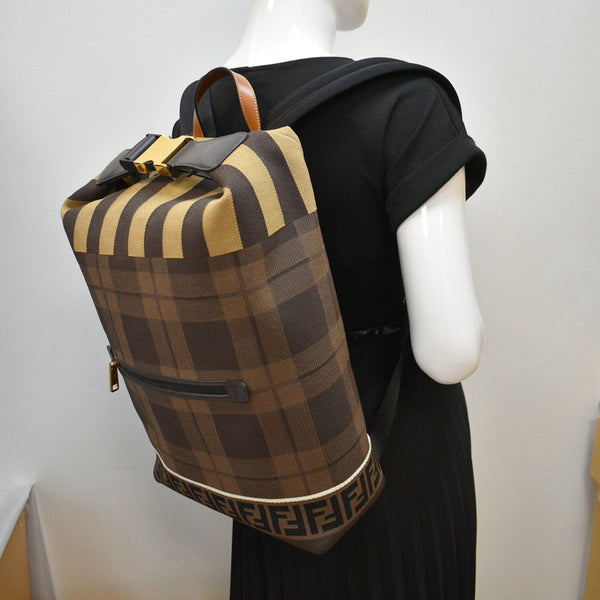 FENDI Tartan Forever Tech Knit Canvas Backpack Brown